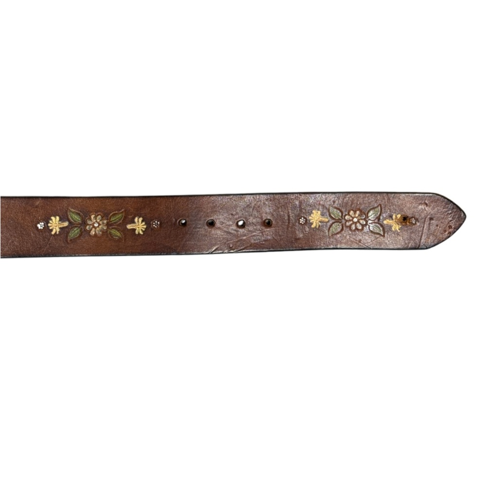 VINTAGE BERGAMOT BRASS WORKS WOMAN AND PEACOCK BUCKLE & BOHO FLORAL LEATHER BELT - Picture 7 of 10